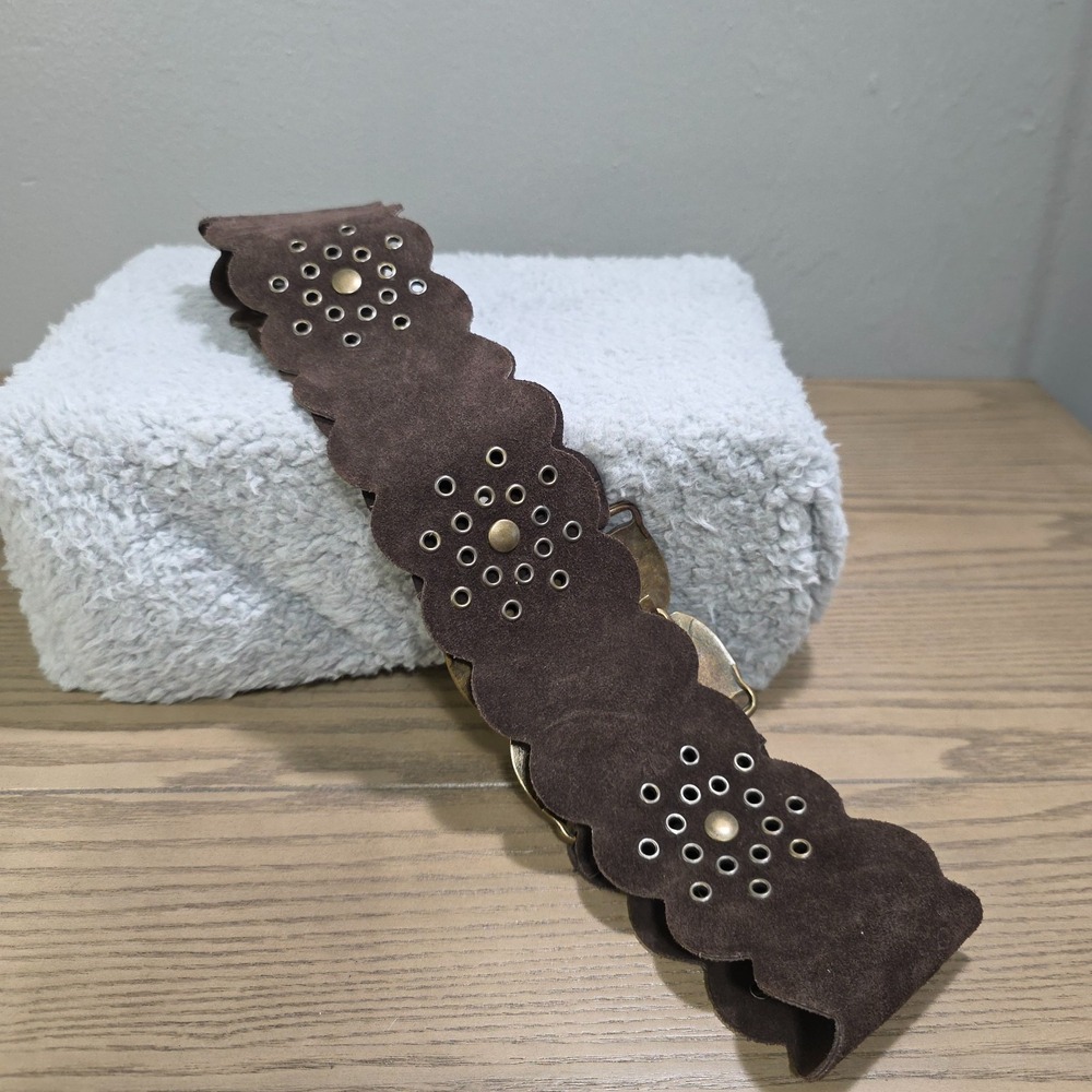 Vintage Womens Brown Suede Boho Belt Winged Bronze Buckle Size 30-32" - Picture 3 of 7